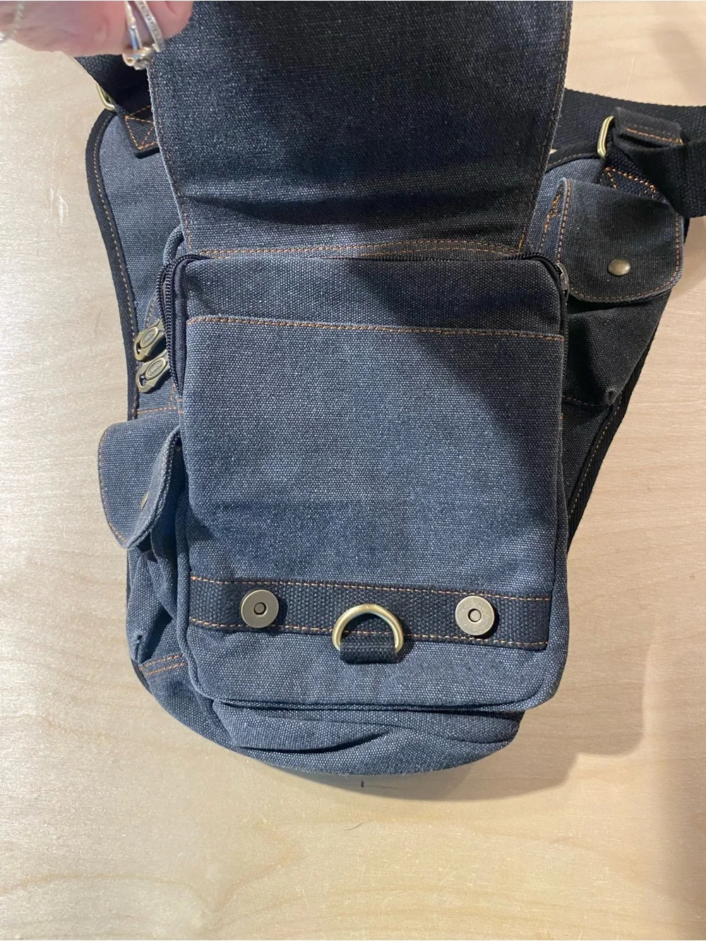KAUKKO Canvas Crossbody Sling Bag with Leather Trim - Navy & Brown (SZ)